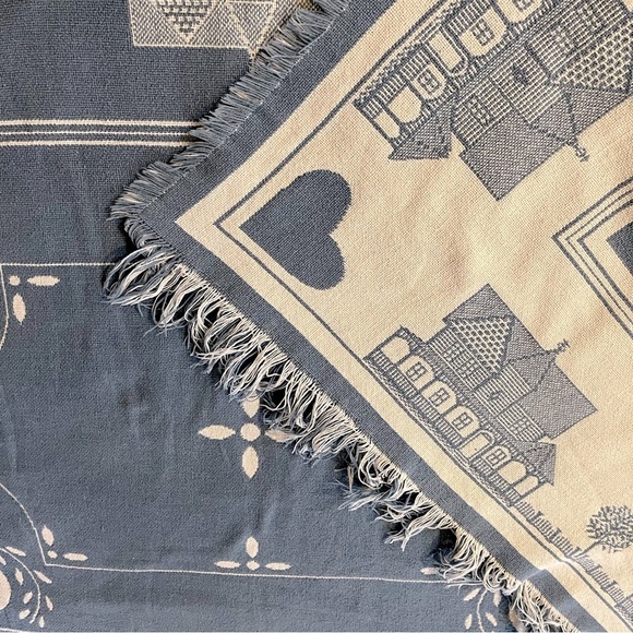 Vintage Blue & White Heart Cotton Blanket Reversible Goodwin Weavers Knit - Picture 3 of 13